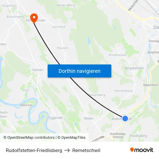 Rudolfstetten-Friedlisberg to Remetschwil map
