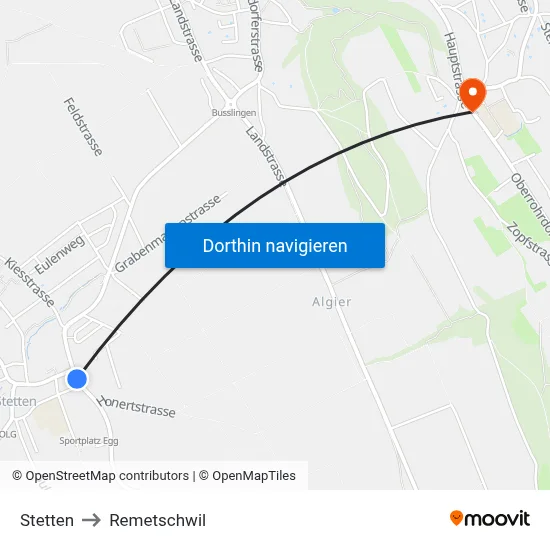 Stetten to Remetschwil map