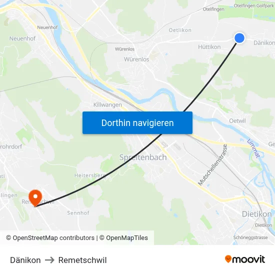 Dänikon to Remetschwil map