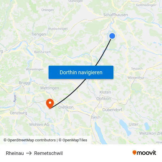 Rheinau to Remetschwil map