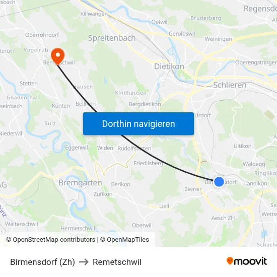 Birmensdorf (Zh) to Remetschwil map