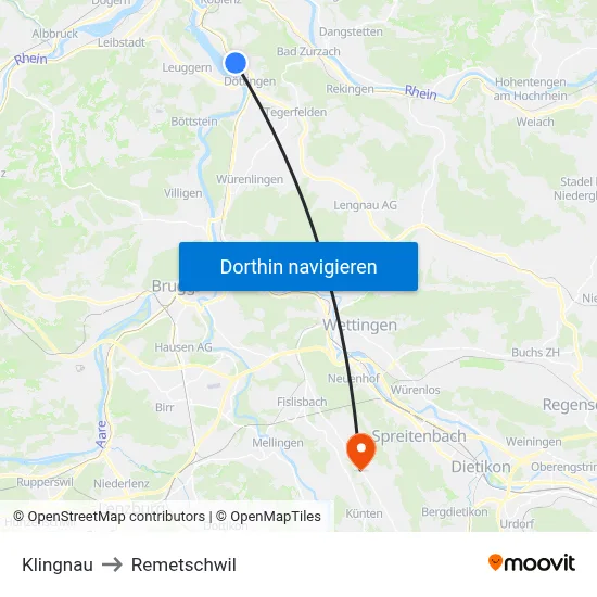 Klingnau to Remetschwil map