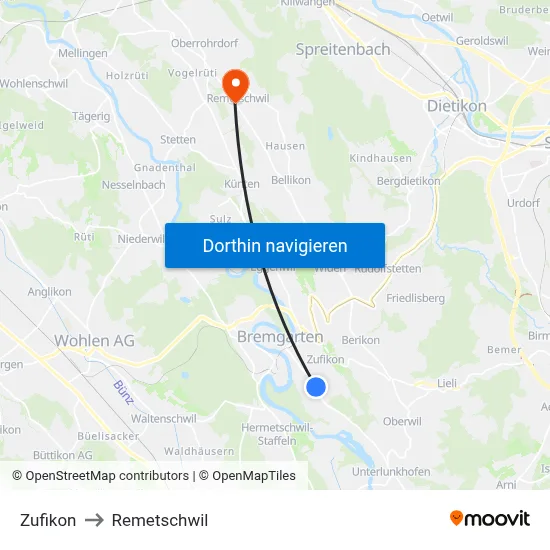 Zufikon to Remetschwil map