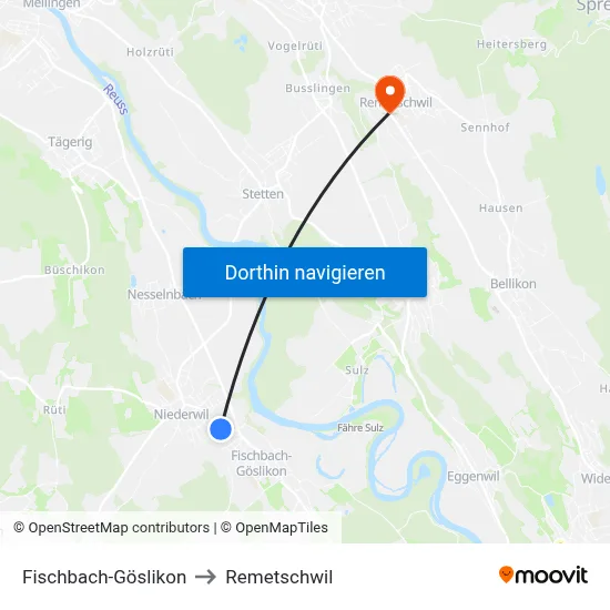 Fischbach-Göslikon to Remetschwil map