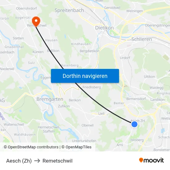 Aesch (Zh) to Remetschwil map
