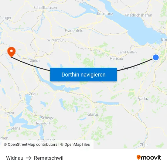 Widnau to Remetschwil map