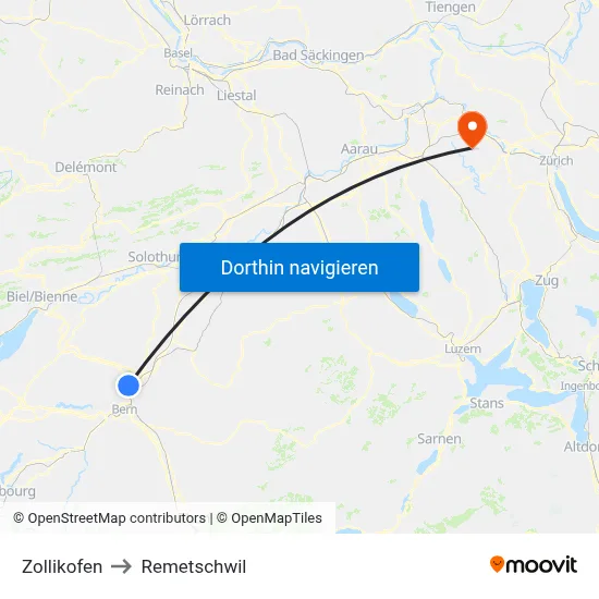 Zollikofen to Remetschwil map