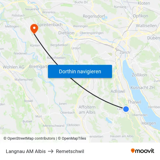 Langnau AM Albis to Remetschwil map