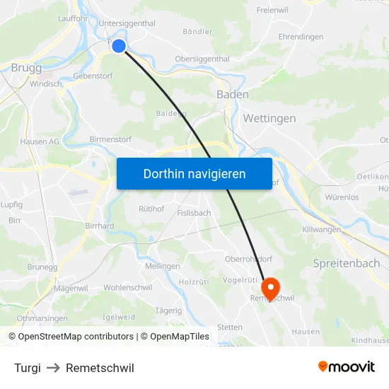 Turgi to Remetschwil map