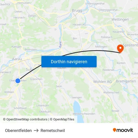 Oberentfelden to Remetschwil map