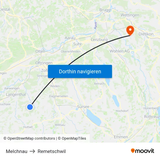 Melchnau to Remetschwil map