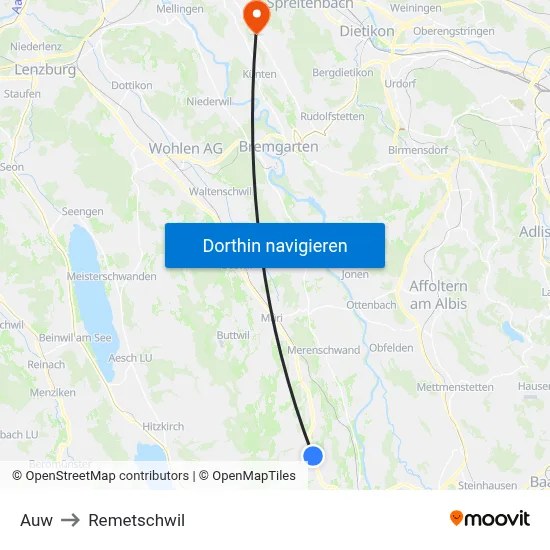 Auw to Remetschwil map