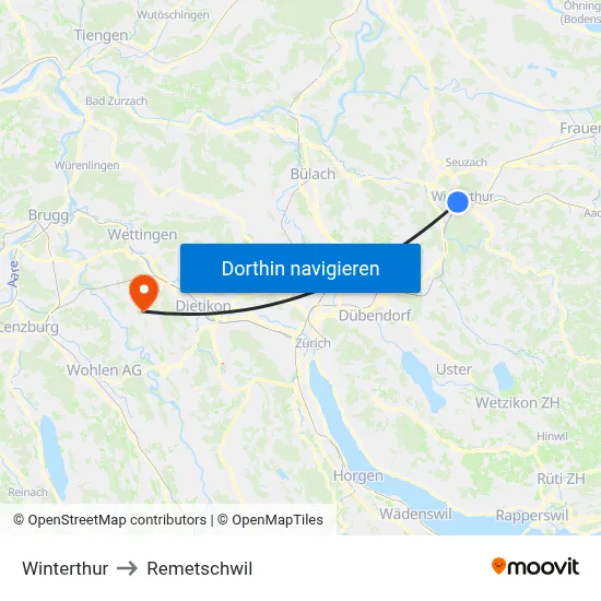 Winterthur to Remetschwil map