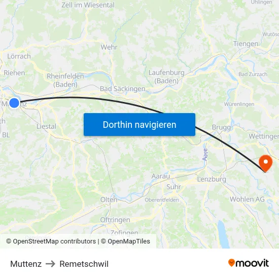 Muttenz to Remetschwil map