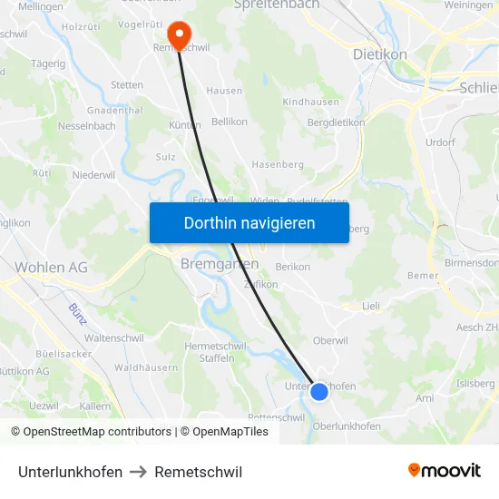 Unterlunkhofen to Remetschwil map