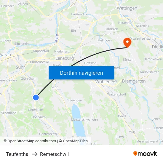 Teufenthal to Remetschwil map