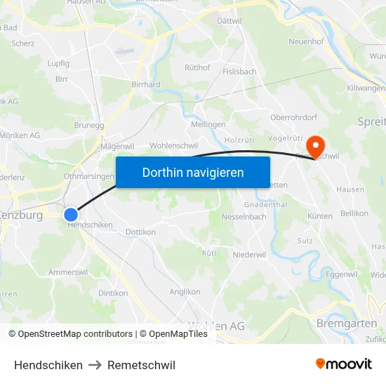 Hendschiken to Remetschwil map