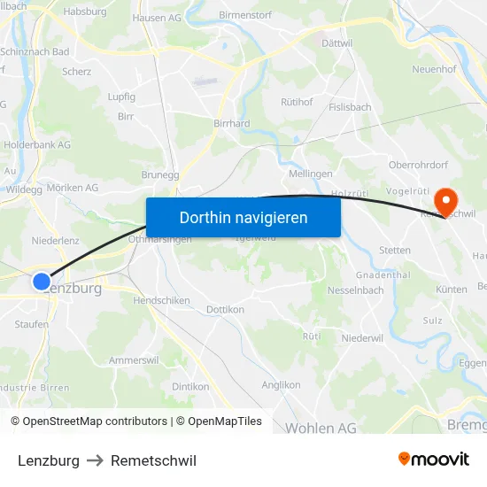 Lenzburg to Remetschwil map