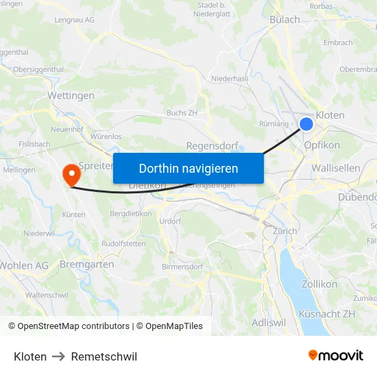 Kloten to Remetschwil map