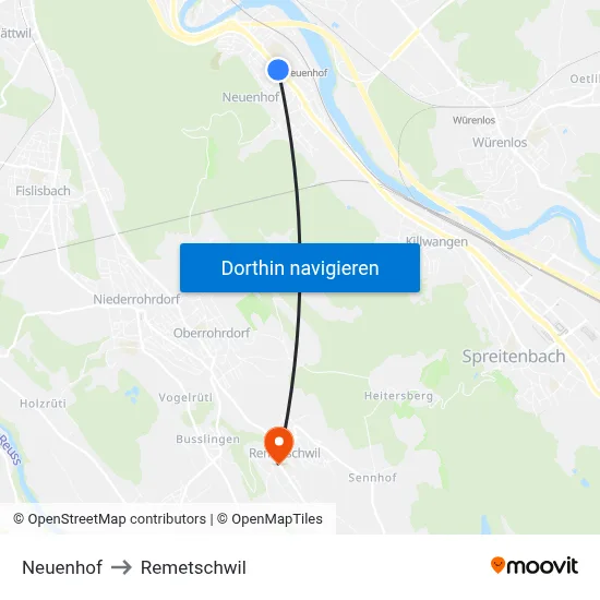 Neuenhof to Remetschwil map