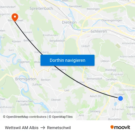 Wettswil AM Albis to Remetschwil map