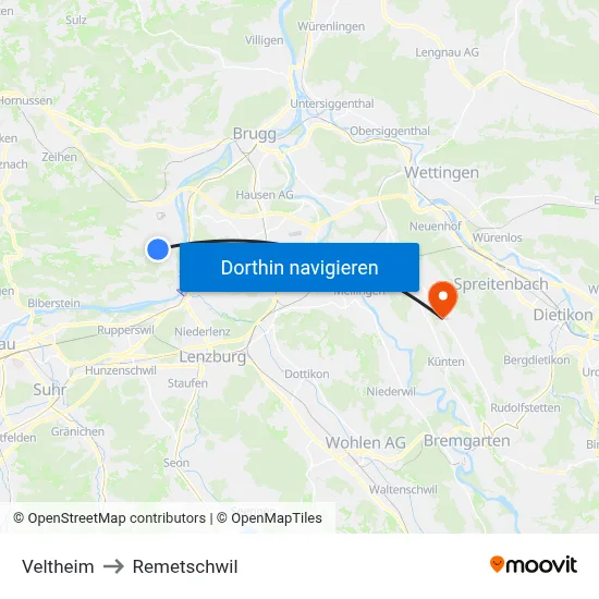 Veltheim to Remetschwil map