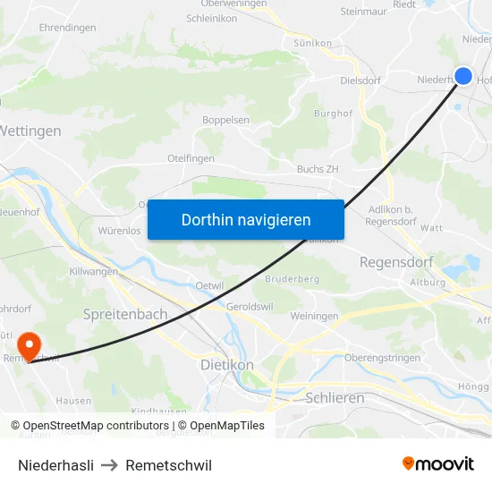 Niederhasli to Remetschwil map