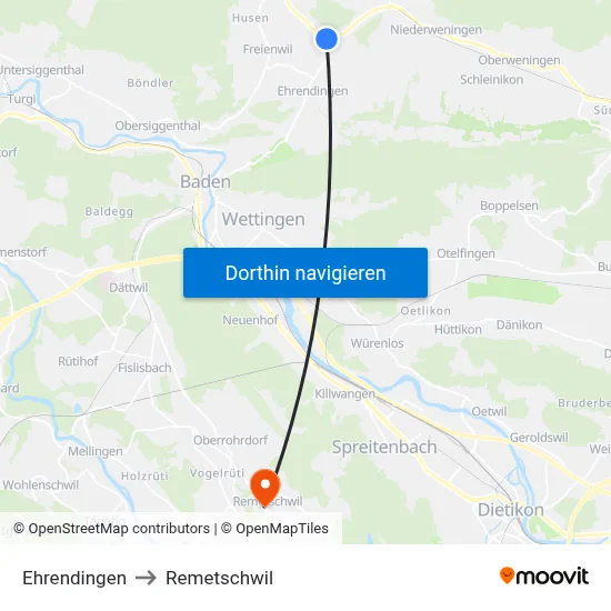 Ehrendingen to Remetschwil map