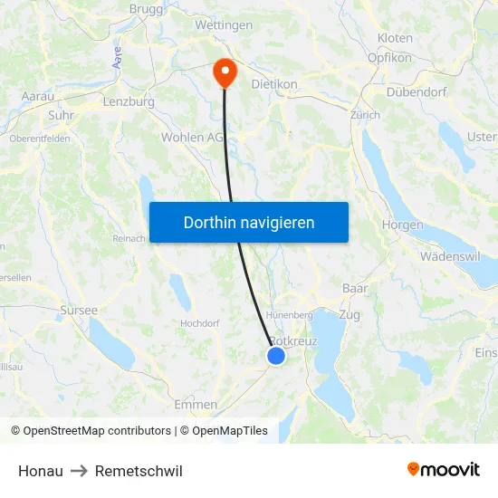 Honau to Remetschwil map