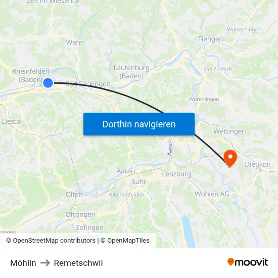 Möhlin to Remetschwil map