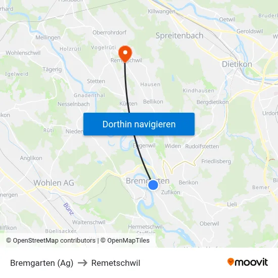 Bremgarten (Ag) to Remetschwil map