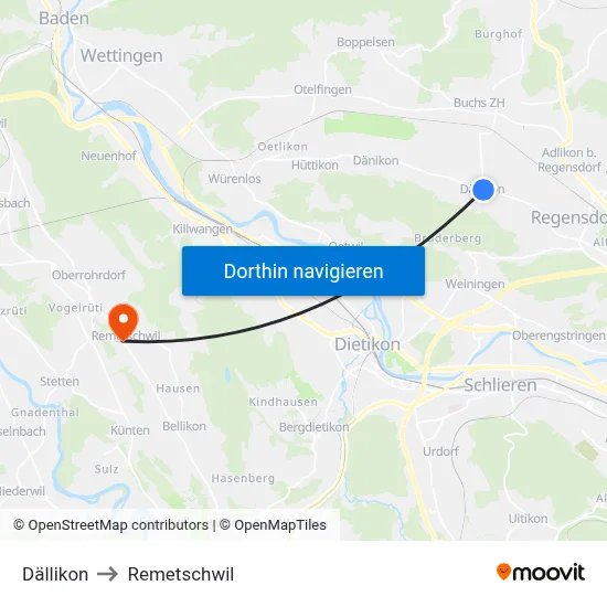 Dällikon to Remetschwil map