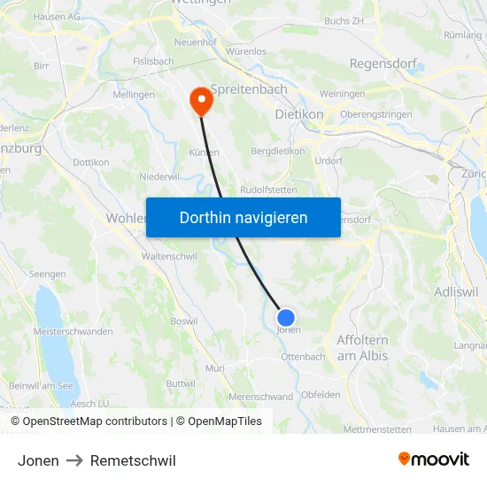 Jonen to Remetschwil map