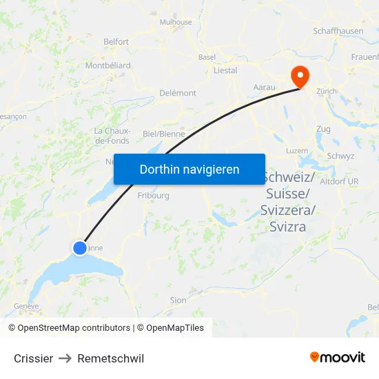 Crissier to Remetschwil map