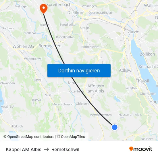 Kappel AM Albis to Remetschwil map