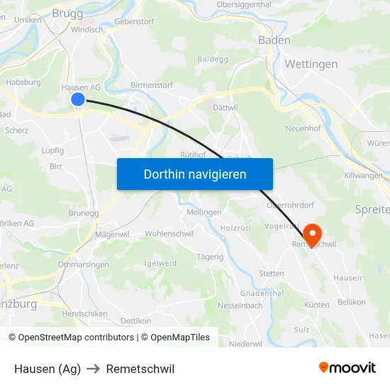 Hausen (Ag) to Remetschwil map