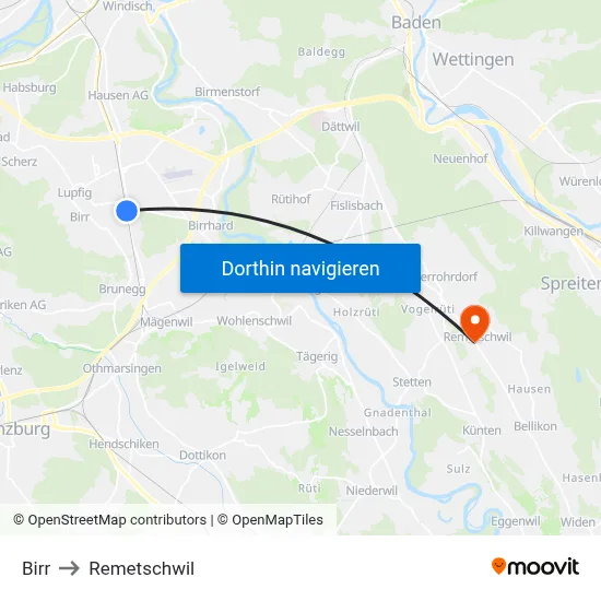 Birr to Remetschwil map