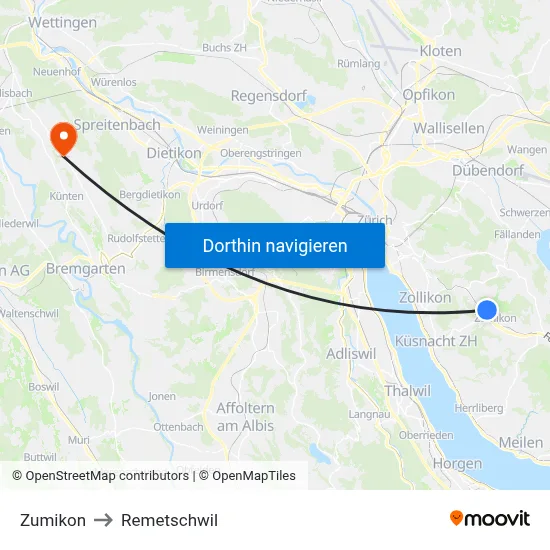 Zumikon to Remetschwil map
