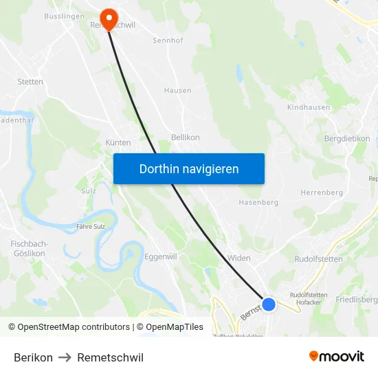 Berikon to Remetschwil map