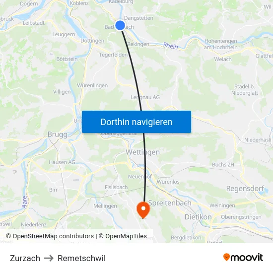 Zurzach to Remetschwil map