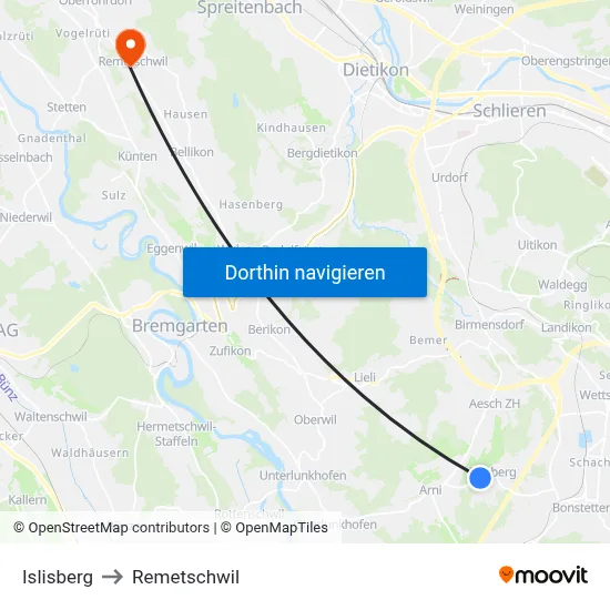 Islisberg to Remetschwil map