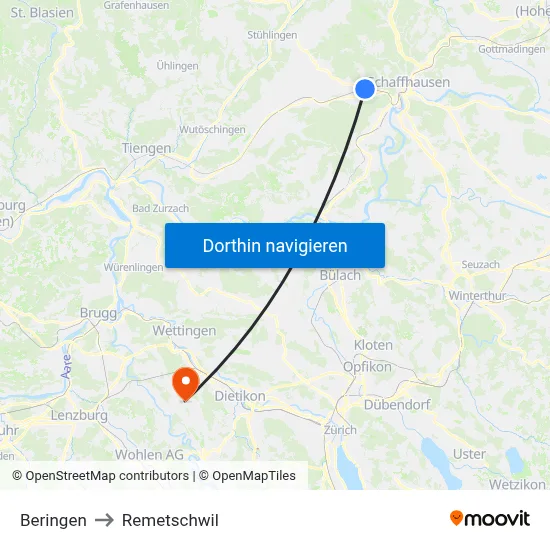 Beringen to Remetschwil map