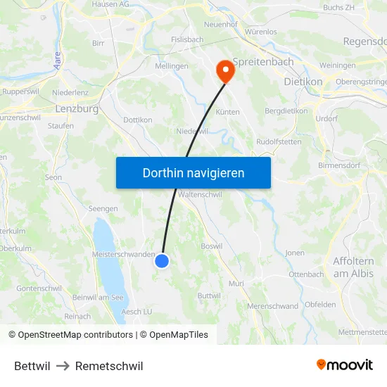Bettwil to Remetschwil map