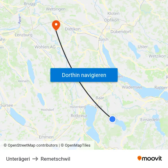 Unterägeri to Remetschwil map