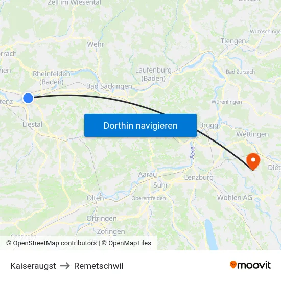 Kaiseraugst to Remetschwil map