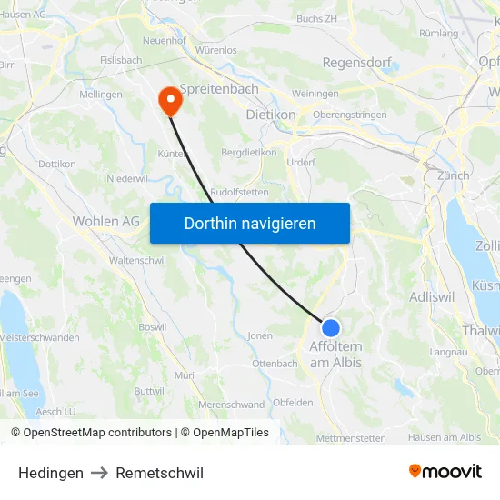 Hedingen to Remetschwil map