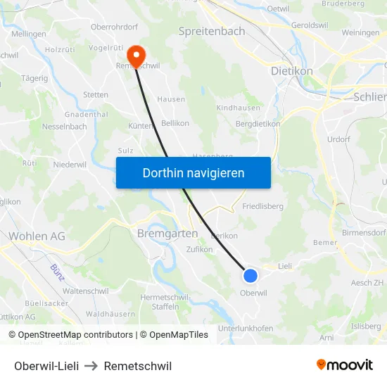 Oberwil-Lieli to Remetschwil map