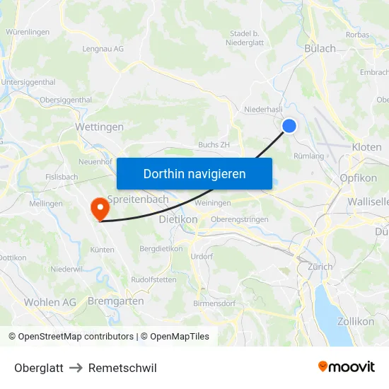 Oberglatt to Remetschwil map