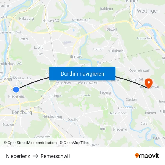 Niederlenz to Remetschwil map