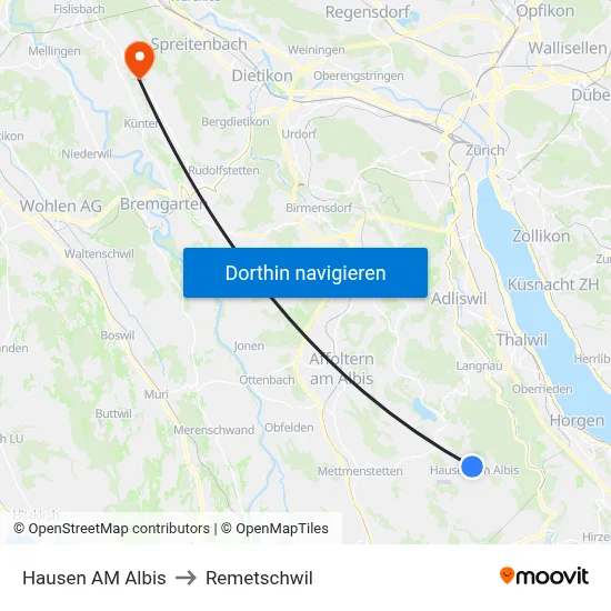 Hausen AM Albis to Remetschwil map